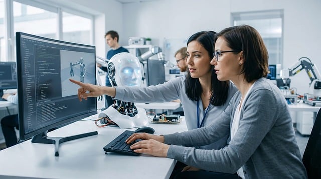 friendly conversational robot and human chatting via modern AI interface with blue and purple accents